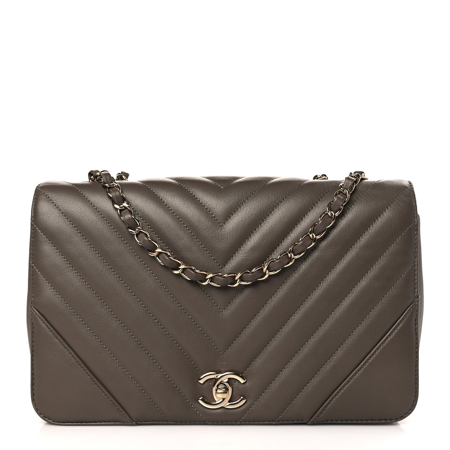 Chanel Calfskin Chevron Quilted Large Statement Flap Khaki 1 of 9