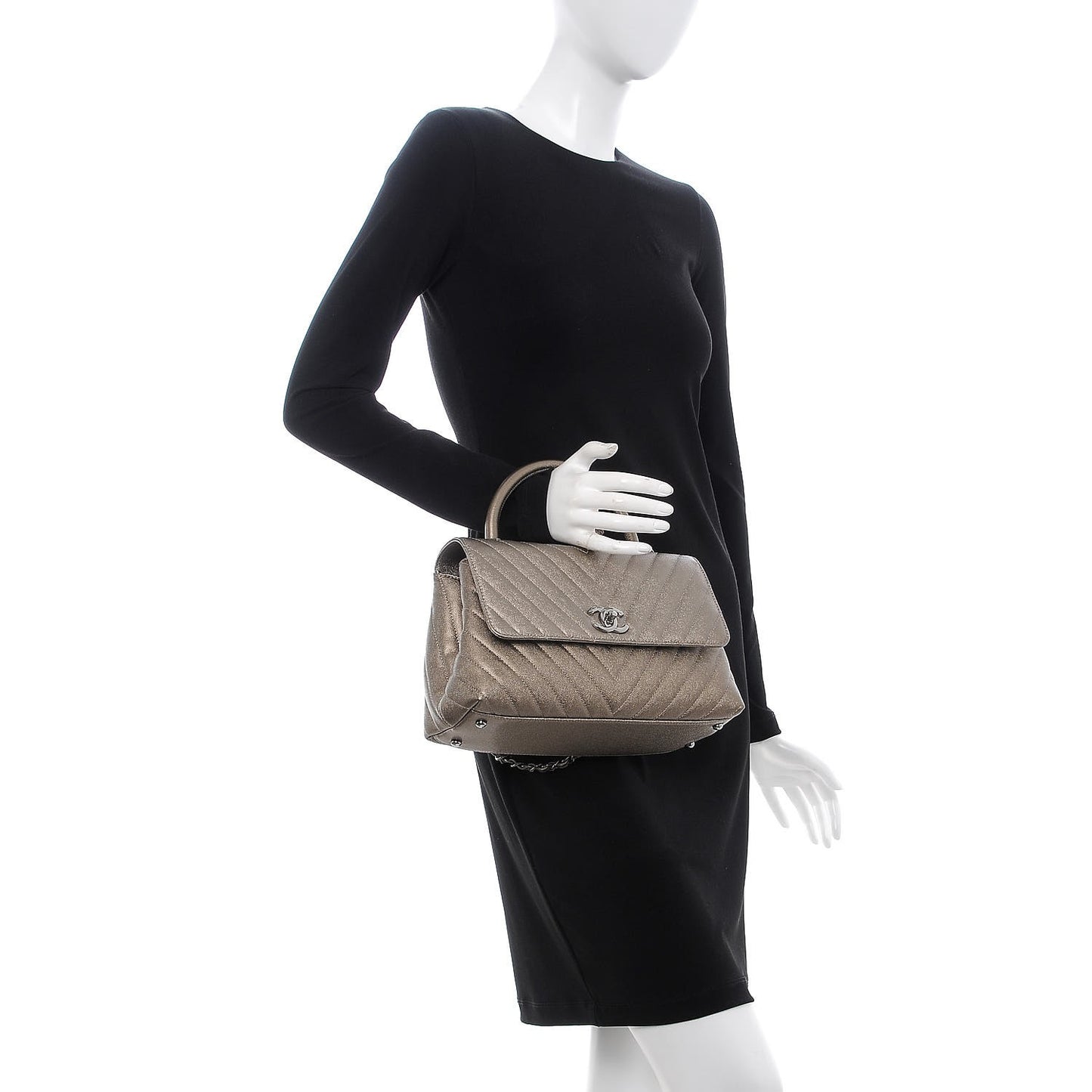 Metallic Caviar Chevron Quilted Small Coco Handle Flap Light Gold