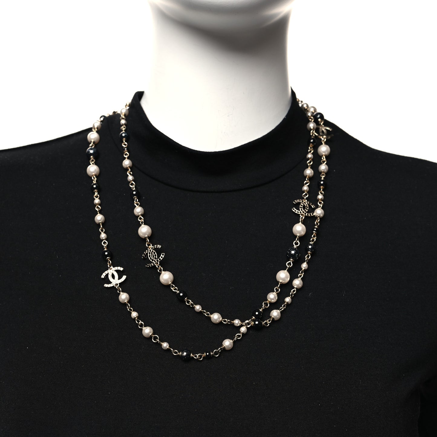 Pearl Crystal Bead CC Long Necklace Black White Gold