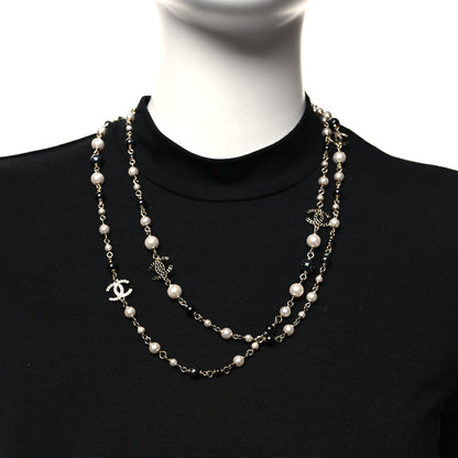 Chanel Pearl Crystal Bead CC Long Necklace Black White Gold 2 of 4