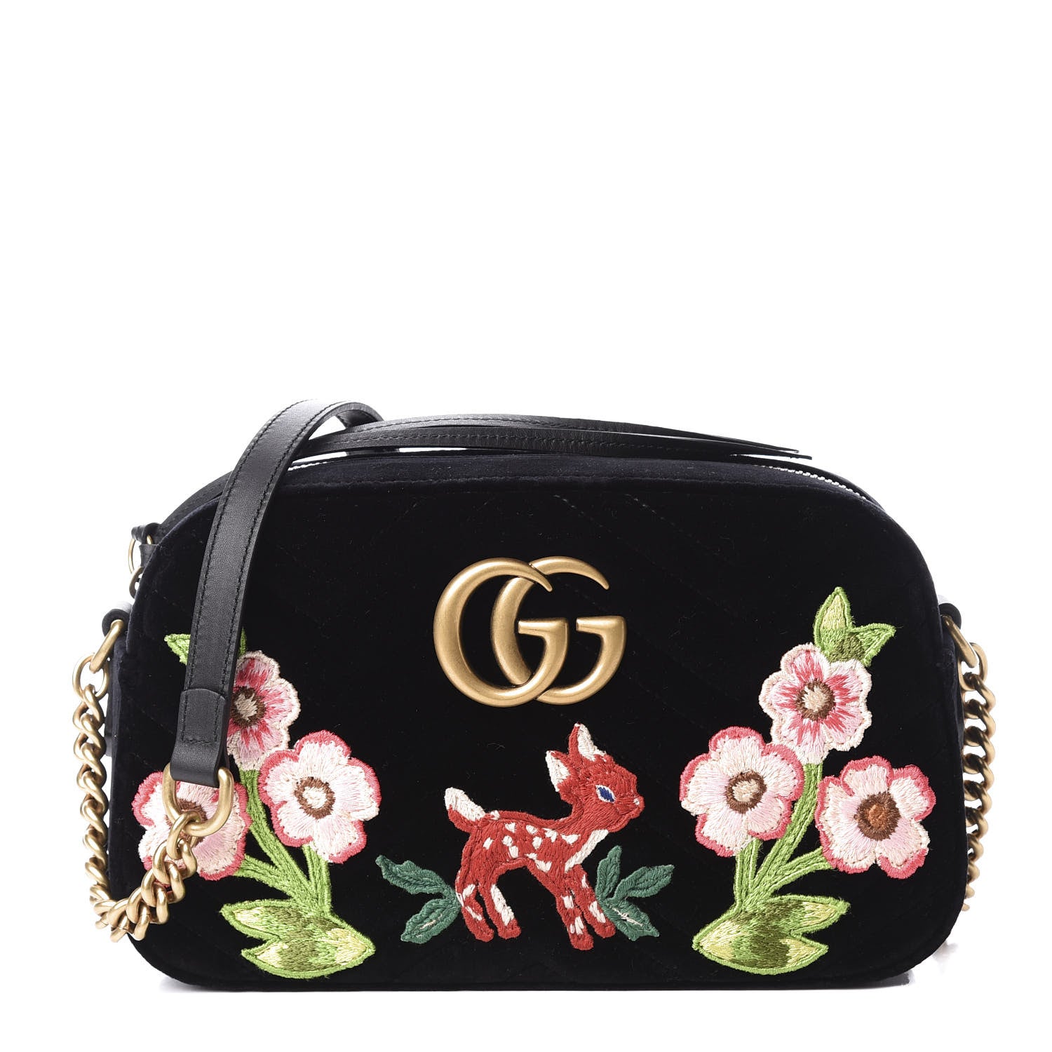 Gucci Velvet Matelasse Deer Embroidered Small GG Marmont Chain Shoulder Bag Black 1 of 9