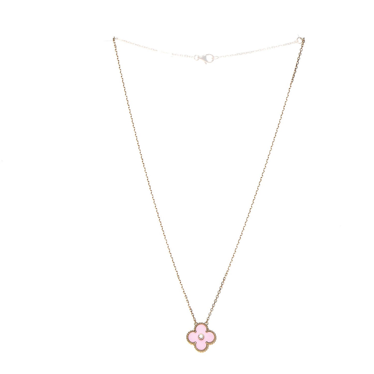 18K Rose Gold Diamond Pink Porcelain Vintage Alhambra Pendant Necklace