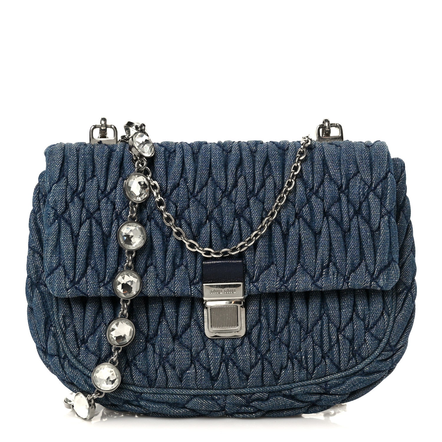 Miu Miu Denim Matelasse Crystal Chain Crossbody Bag Blue 1 of 13