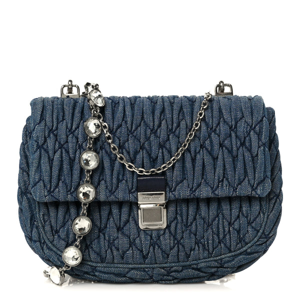 Miu Miu Denim Matelasse Crystal Chain Crossbody Bag Blue 1825169