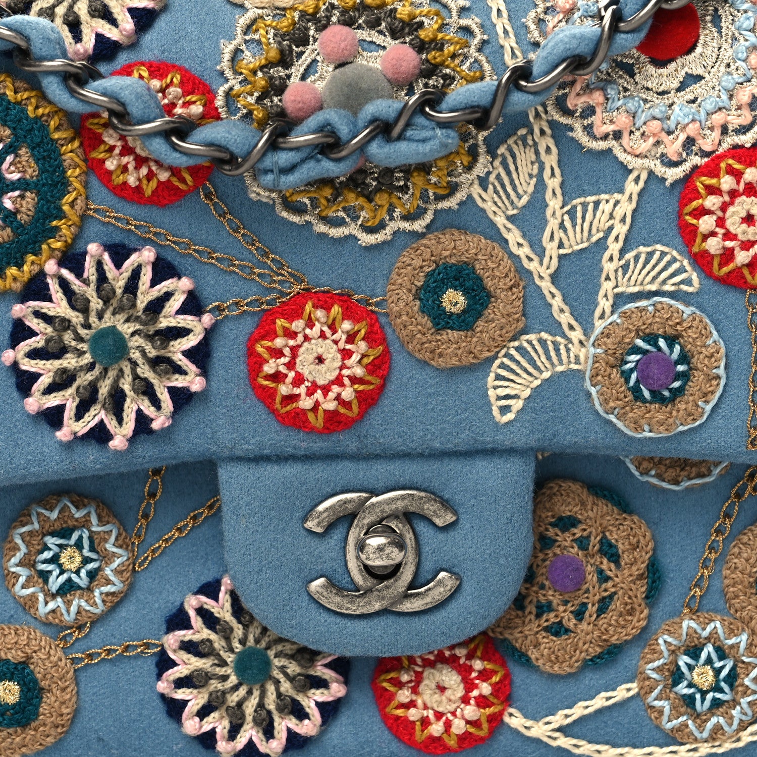 Chanel Felt Flower Embroidered Medium Double Flap Blue Multicolor 7 of 11