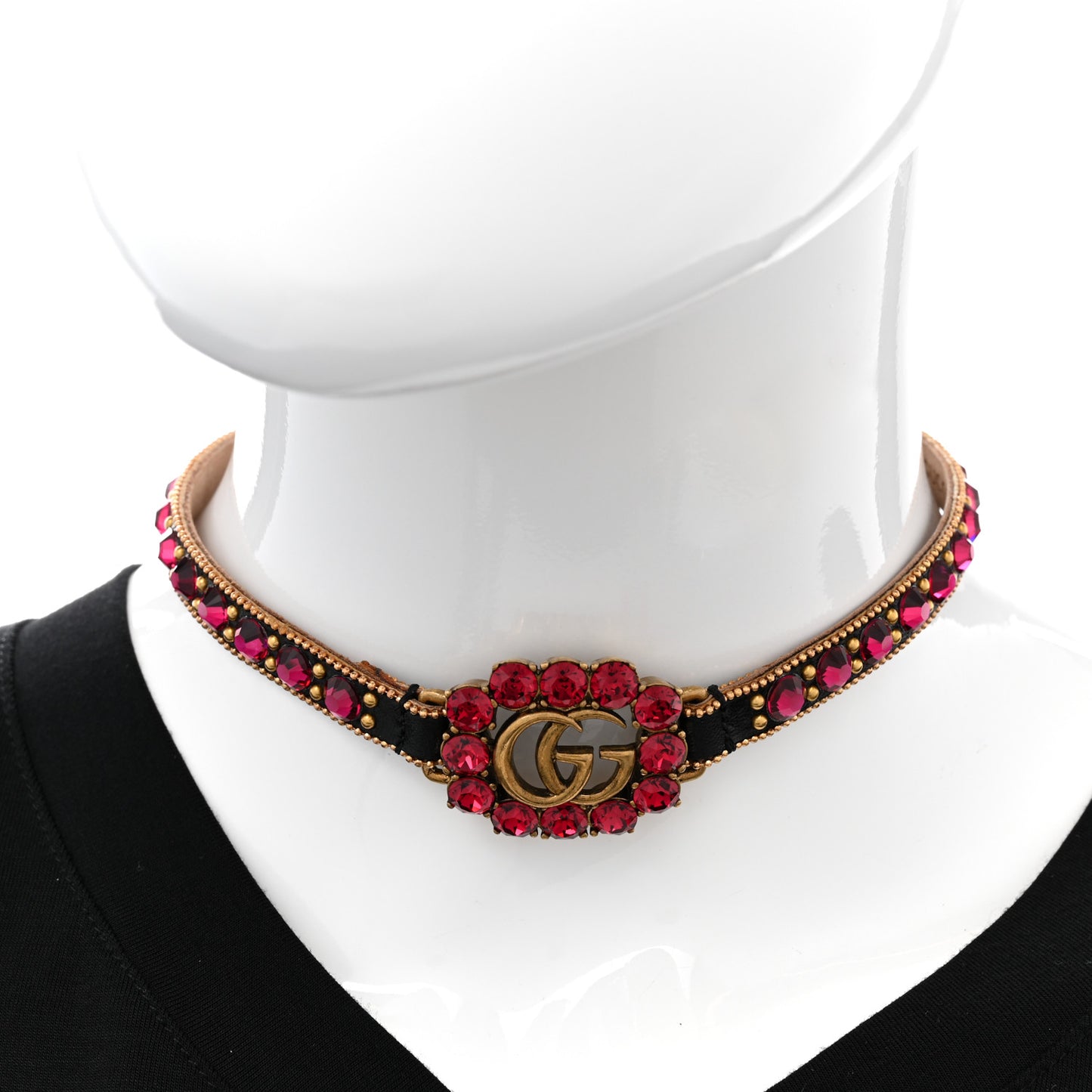 Calfskin Crystal Embellished Double G Choker Necklace Red