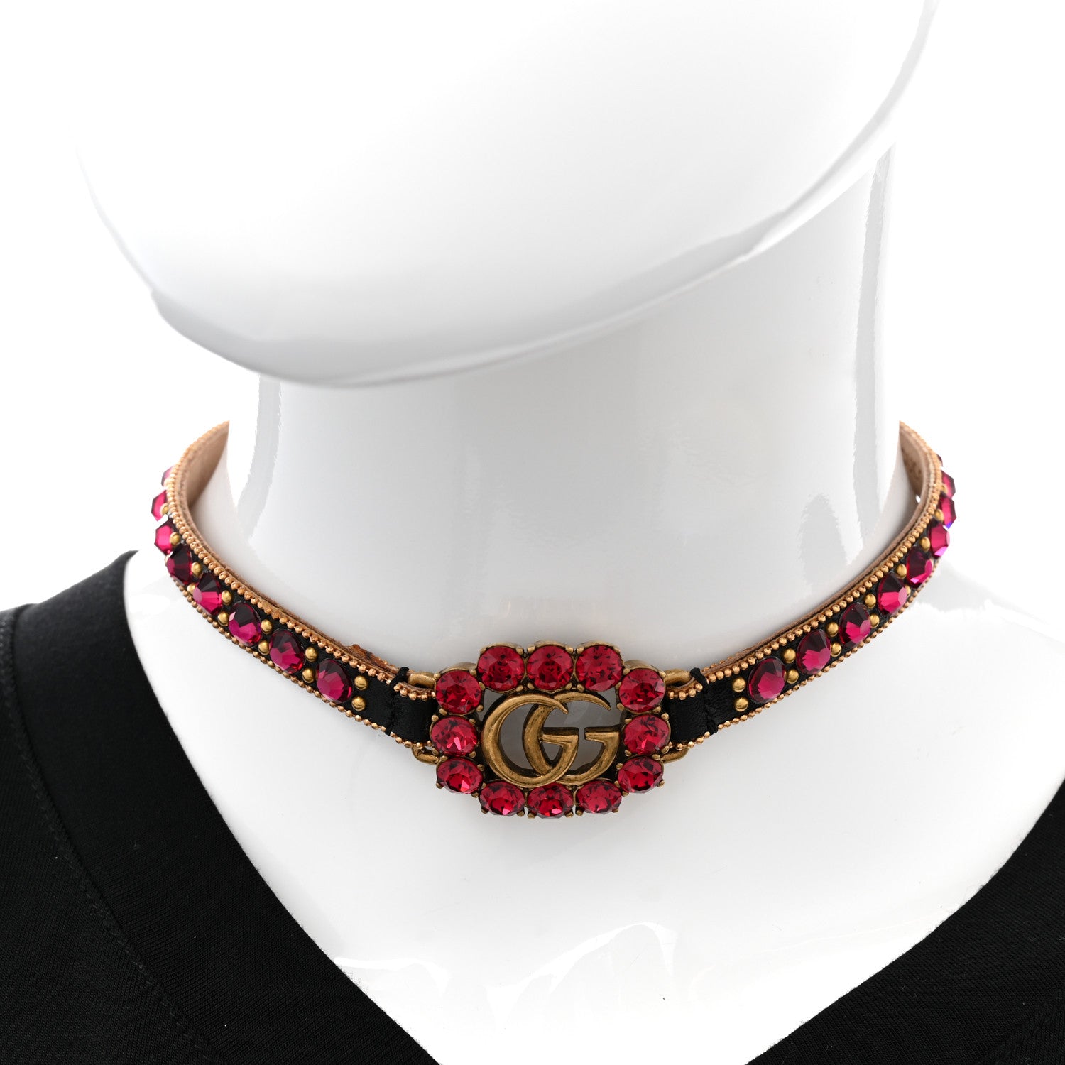 Gucci Calfskin Crystal Embellished Double G Choker Necklace Red 2 of 8