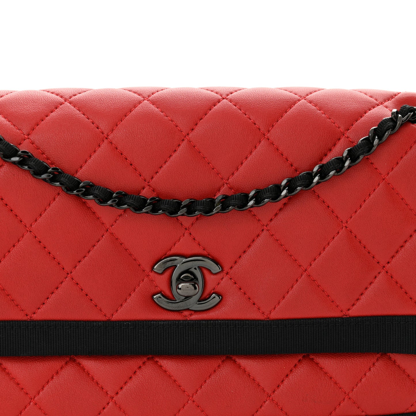 Lambskin Grosgrain Quilted Flap Red Black