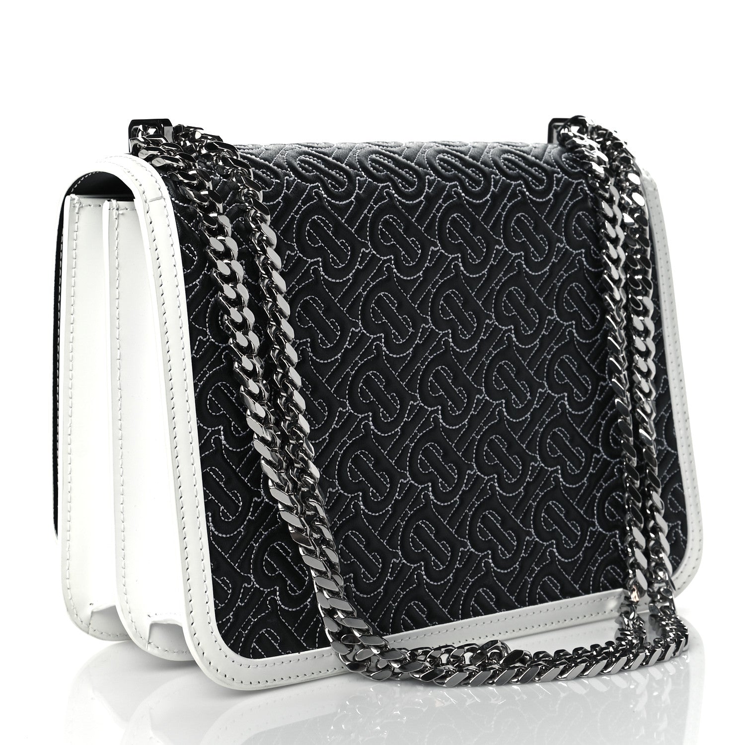 Burberry Calfskin Monogram Embossed MediumTB Chain Bag Black White 3 of 9