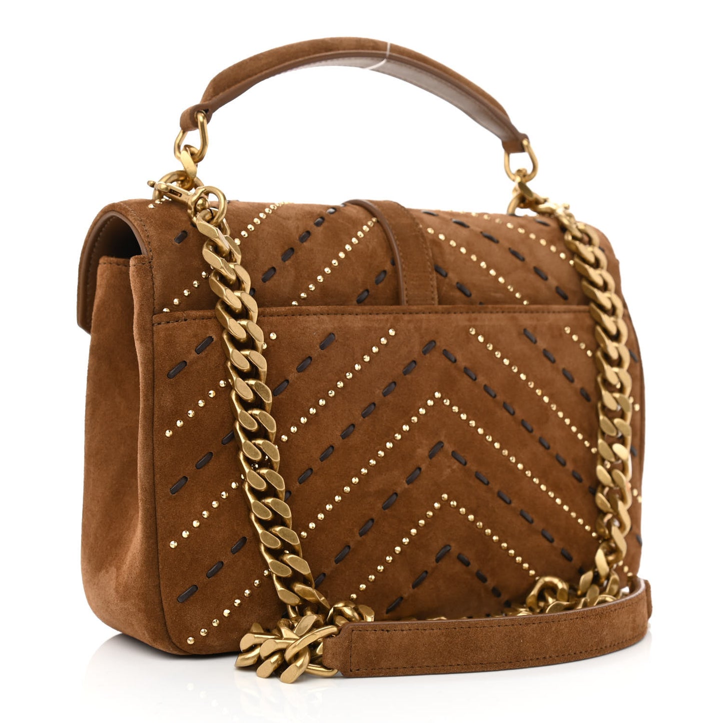 Suede Matelasse Chevron Studded Monogram Medium College Bag Brown