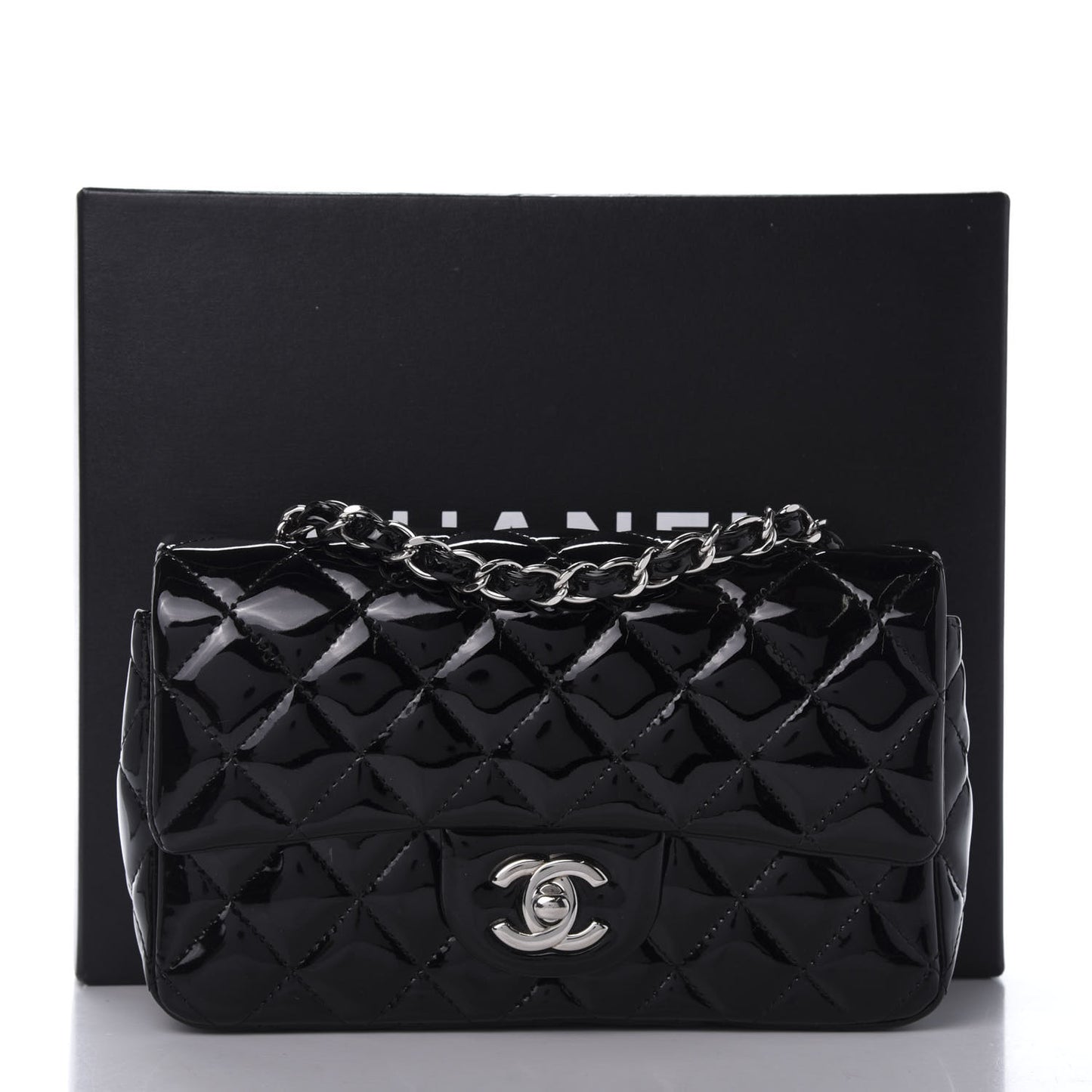 Patent Calfskin Quilted Mini Rectangular Flap Black