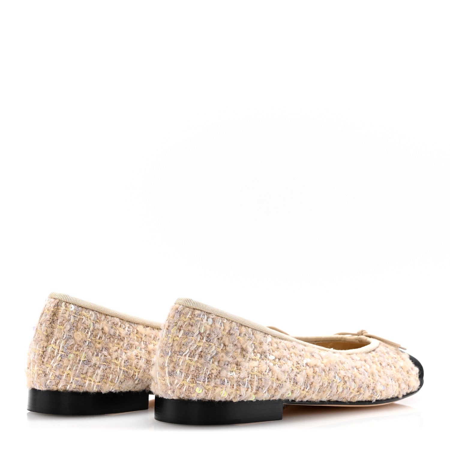 Chanel Glittered Tweed Sequin Grosgrain Cap Toe Ballet Flats 41 Beige Light Yellow Ecru Black 5 of 10