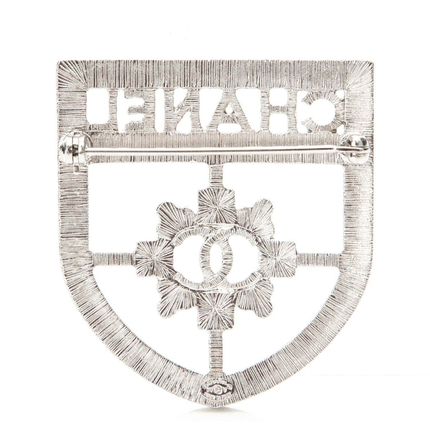 Chanel Swarovski Baguette Crystal CC Shield Brooch Silver 3 of 4