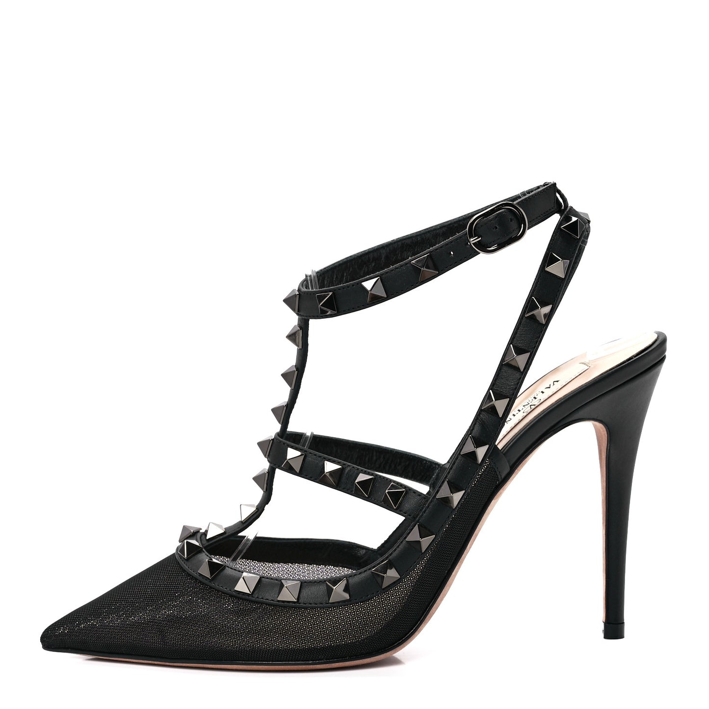 Mesh Calfskin Rockstud Ankle Strap 100mm Pumps 39 Black