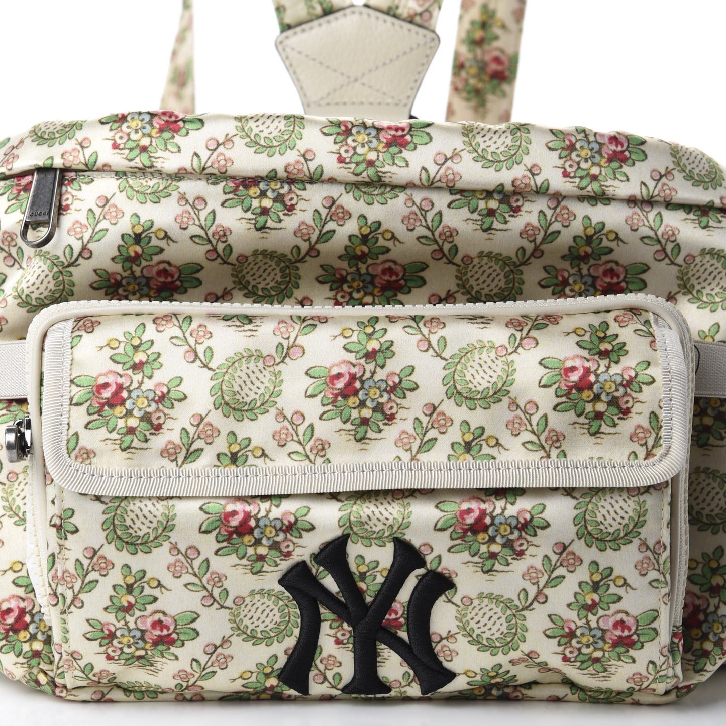 X MLB Satin Floral Print NY Yankees Patch Convertible Belt Bag Ivory Green