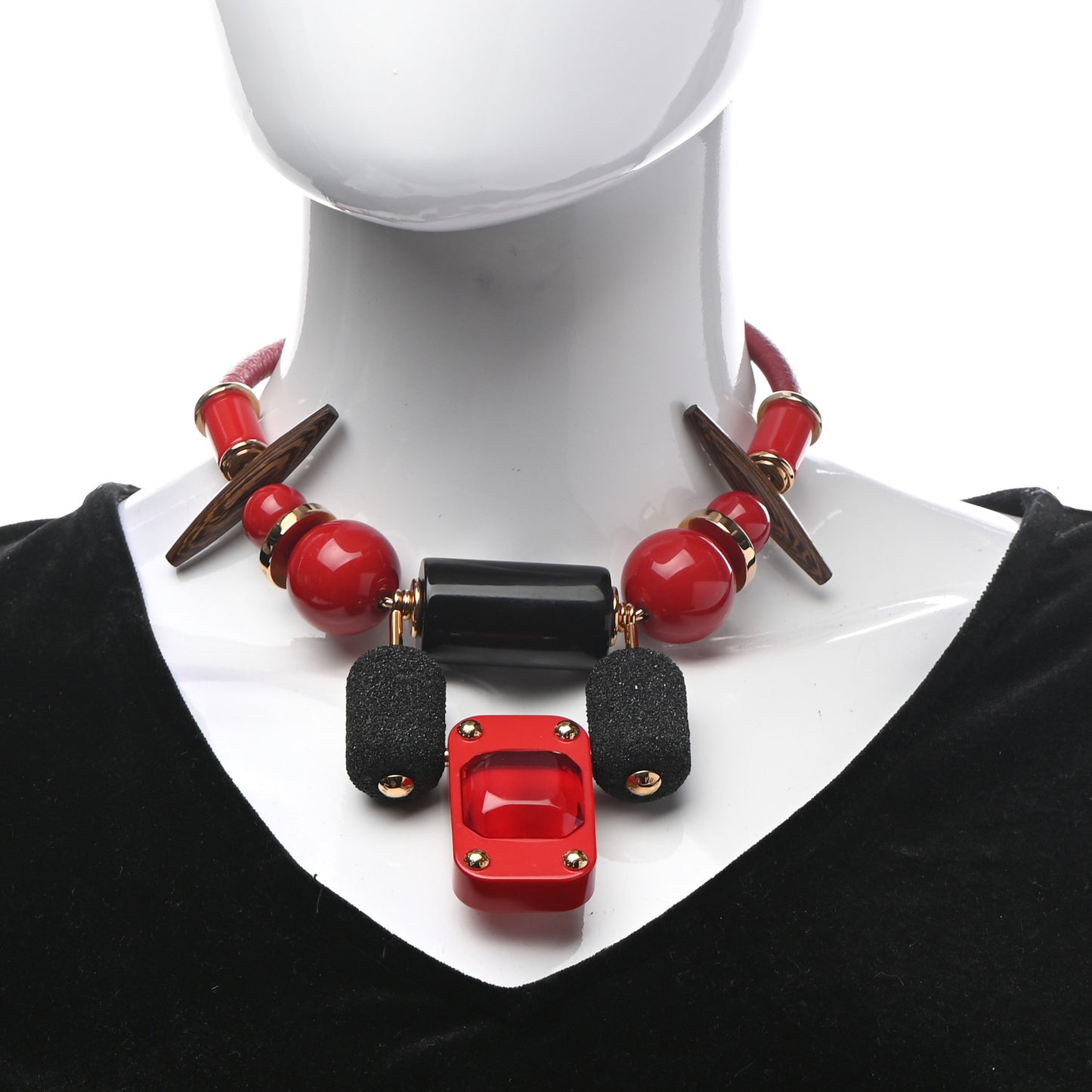 Resin Wood Crystal Inventeur Necklace Red