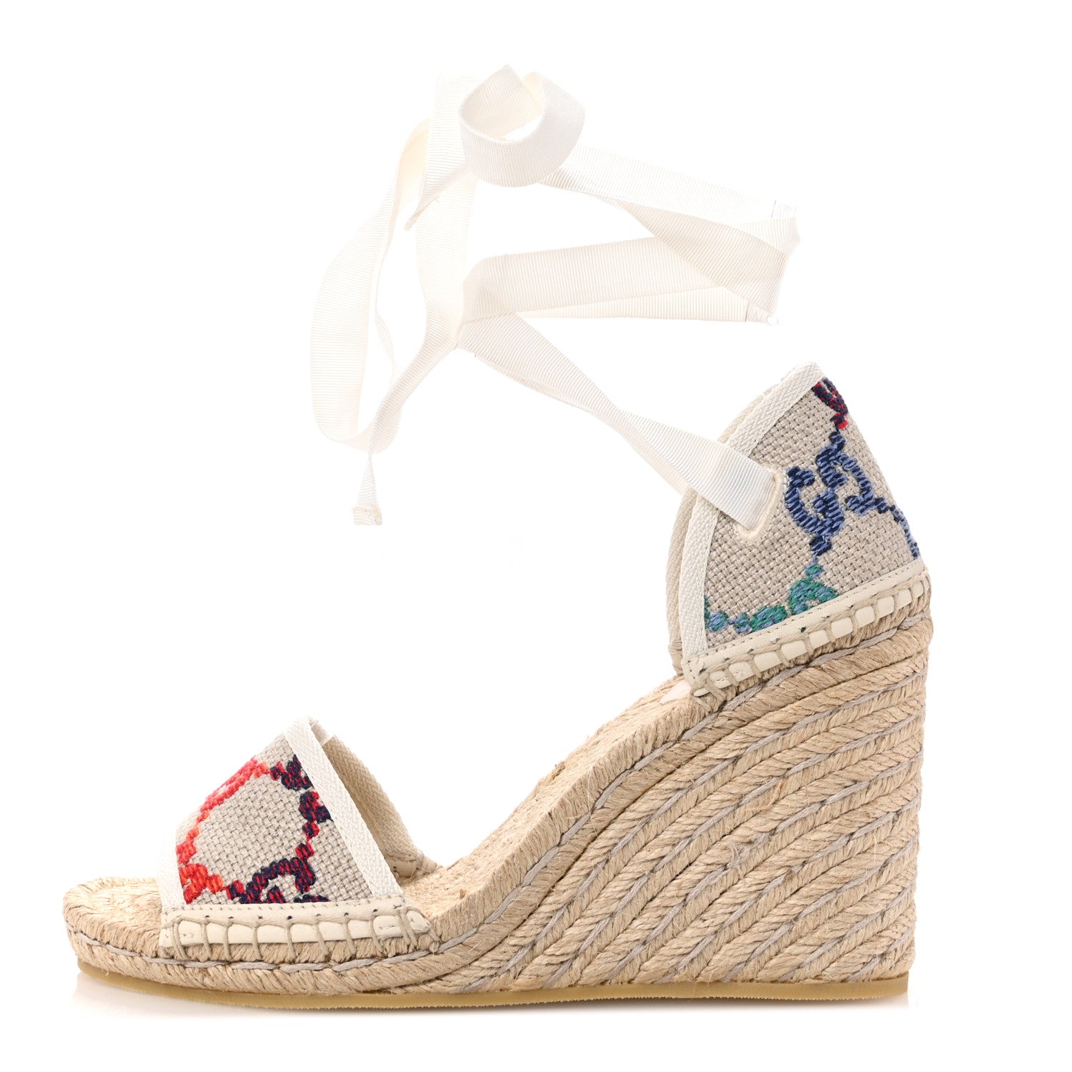 Gucci Linen Psychedelic Mini GG Monogram Ankle Wrap Platform Espadrille Wedge Sandals 36.5 Multicolor Mystic White 1 of 11