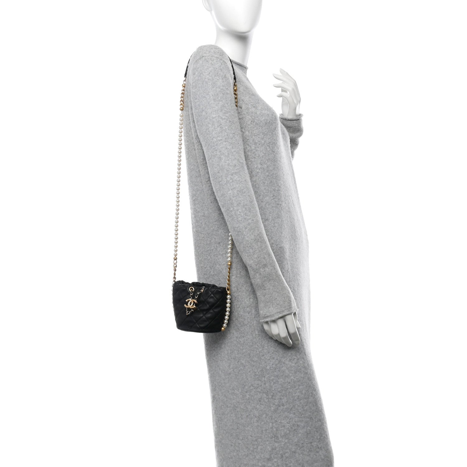 Chanel Calfskin Quilted Pearl Mini About Pearls Drawstring Bucket Bag Black 2 of 11