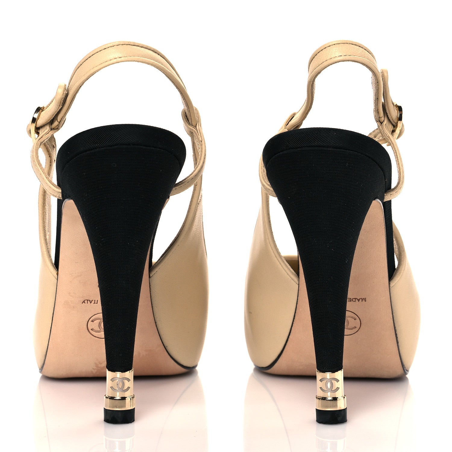Chanel Lambskin Grosgrain Cap Toe CC Slingback Pumps 38 Beige Black 5 of 12