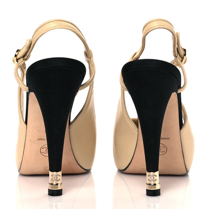 Chanel Lambskin Grosgrain Cap Toe CC Slingback Pumps 38 Beige Black 5 of 12
