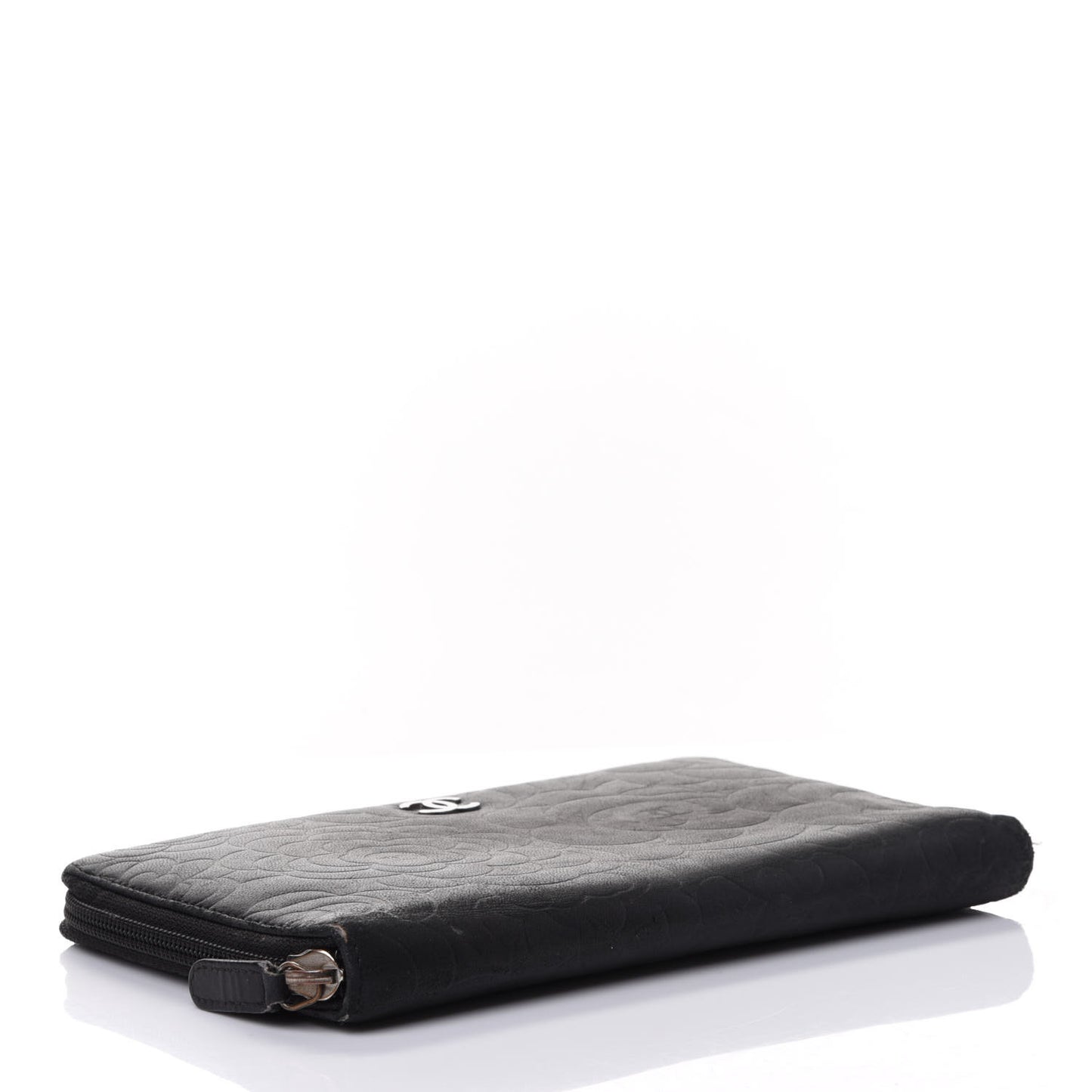 Lambskin Camellia Embossed Zip Around Organizer Wallet Black