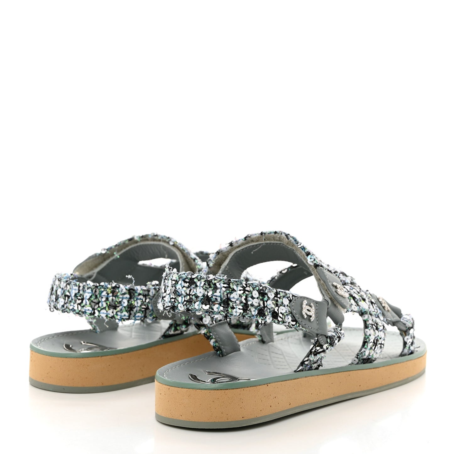 Tweed Sequin Crystal CC Sandals 39.5 Blue Multicolor