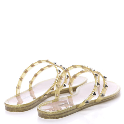 Valentino Garavani PVC Jelly Glitter Rockstud Caged Flat Thong Sandals 36 Oro 4 of 8