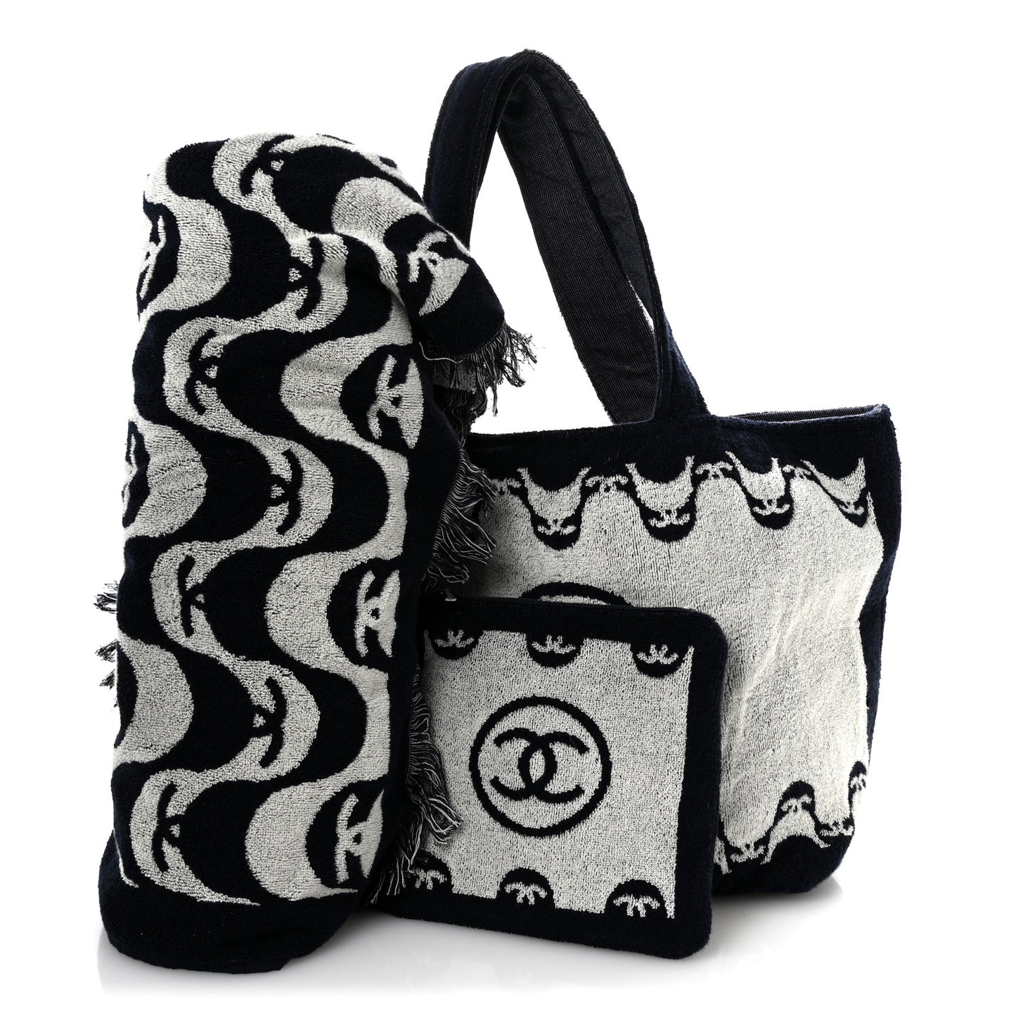 Terry Cotton CC Beach Tote Towel Set Ecru Dark Blue