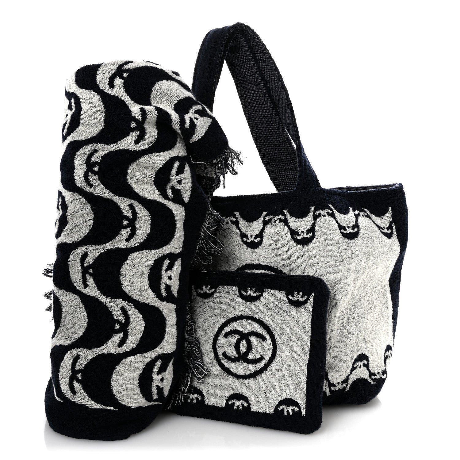 Chanel Terry Cotton CC Beach Tote Towel Set Ecru Dark Blue 3 of 11