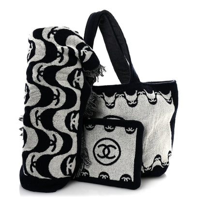 Chanel Terry Cotton CC Beach Tote Towel Set Ecru Dark Blue 3 of 11