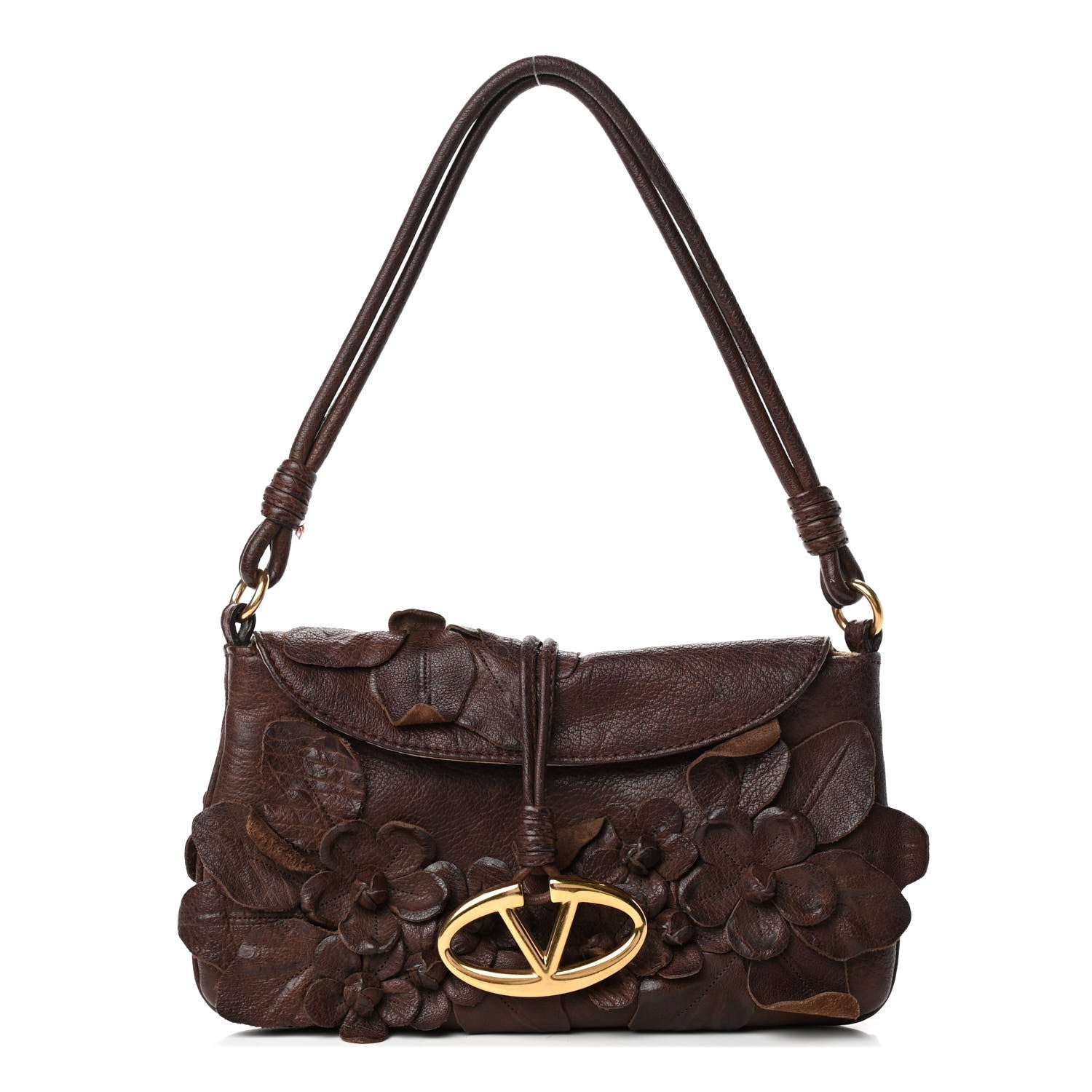 Valentino Garavani Goatskin Floral Applique Shoulder Bag Brown 1 of 4