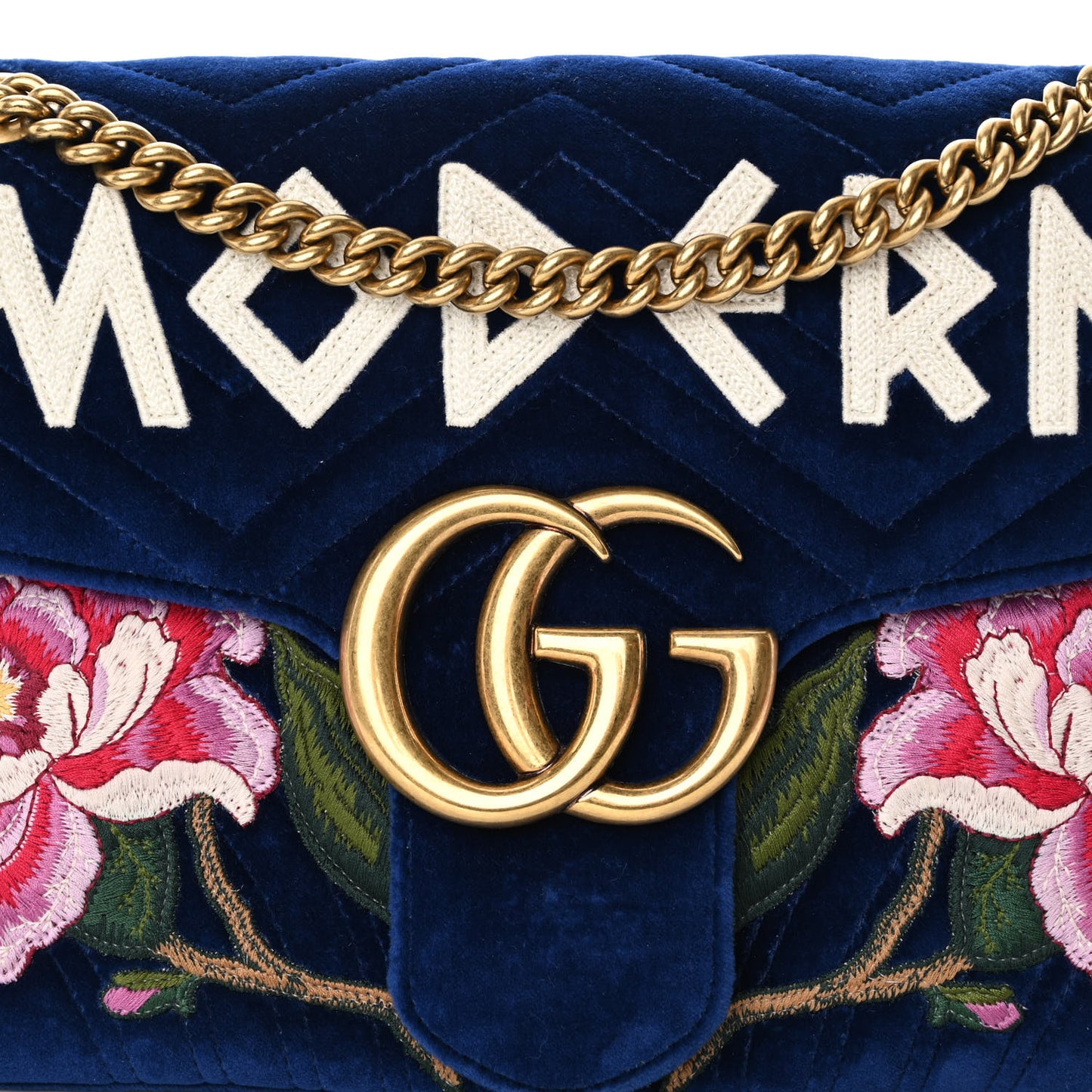 Velvet Matelasse Modern Embroidered Medium GG Marmont Shoulder Bag Cobalt