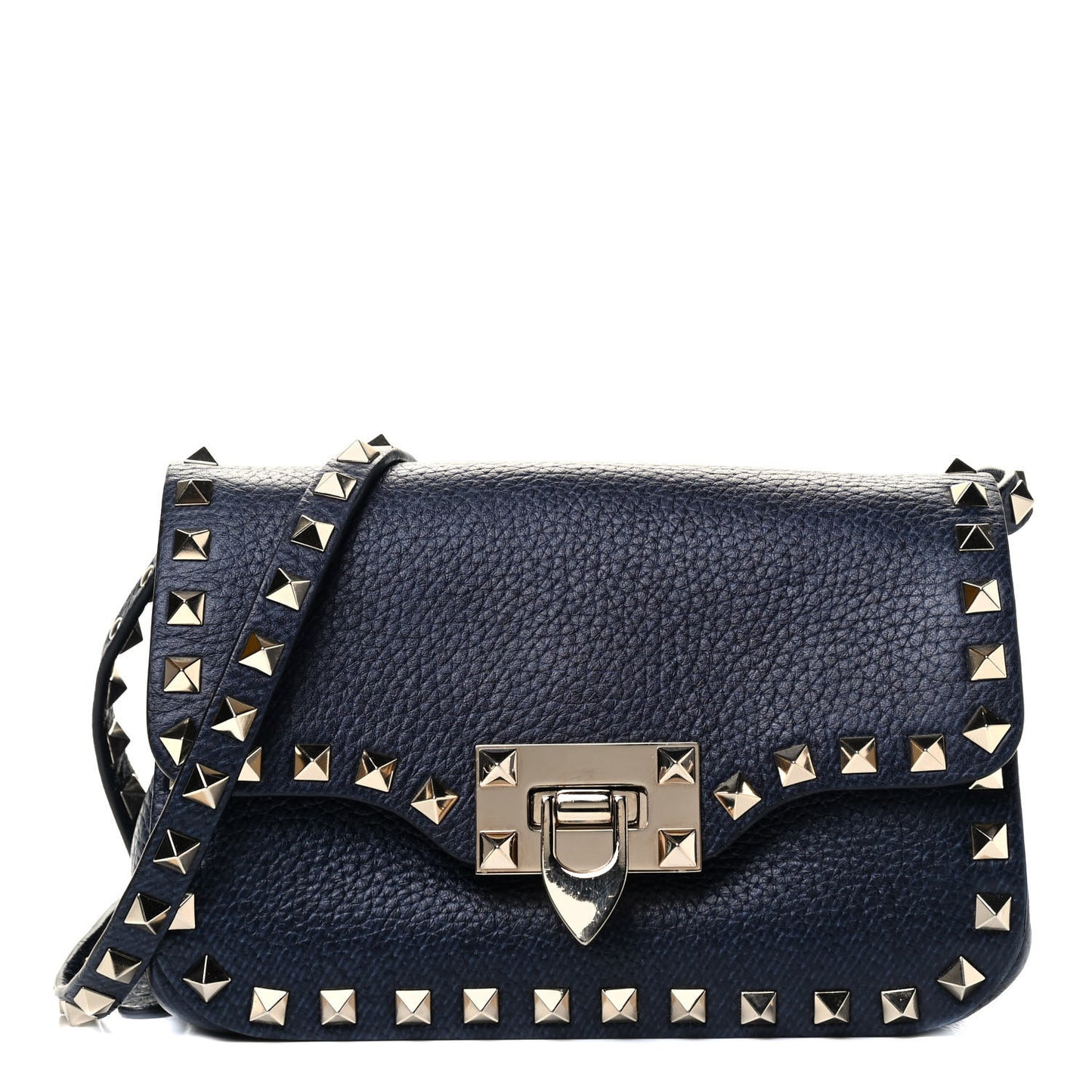 Pebbled Calfskin Mini Rockstud Flap Saddle Crossbody Bag Deep Denim