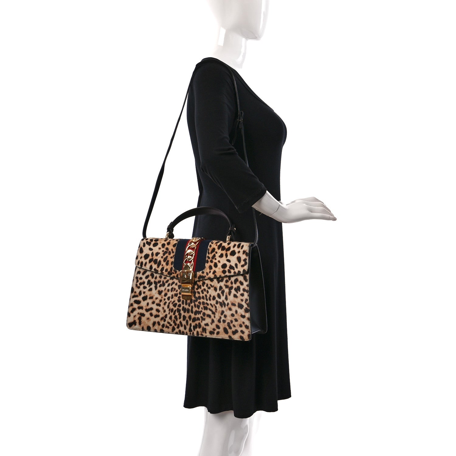 Gucci Calf Hair Leopard Print Medium Sylvie Top Handle Bag Naturale Black 2 of 10
