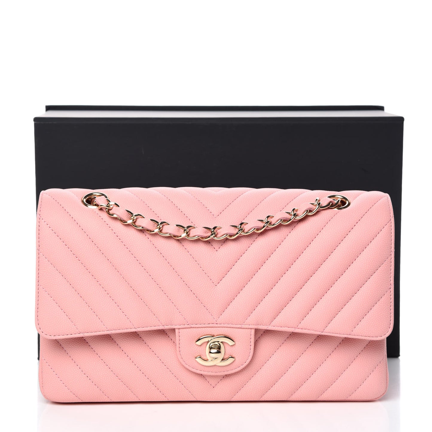 Caviar Chevron Quilted Medium Double Flap Pink