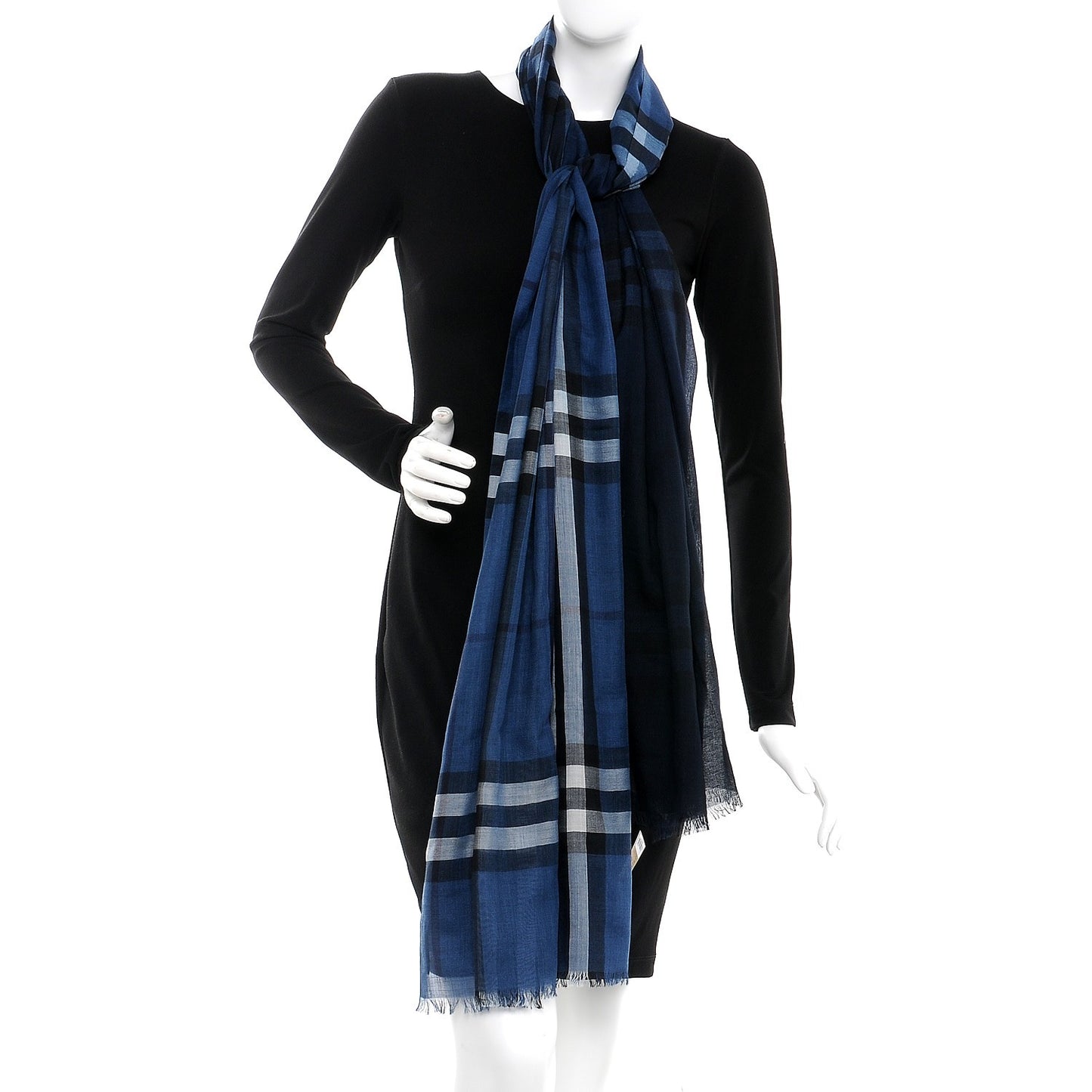 Wool Silk Gauze Ombre Giant Check Scarf Cadet Blue