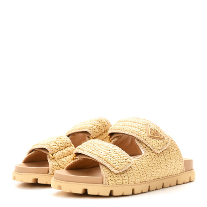 Prada Raffia Calfskin Crochet Metal Triangle Logo Womens Double Buckle 20mm Slide Sandals 38 Naturale 4 of 10