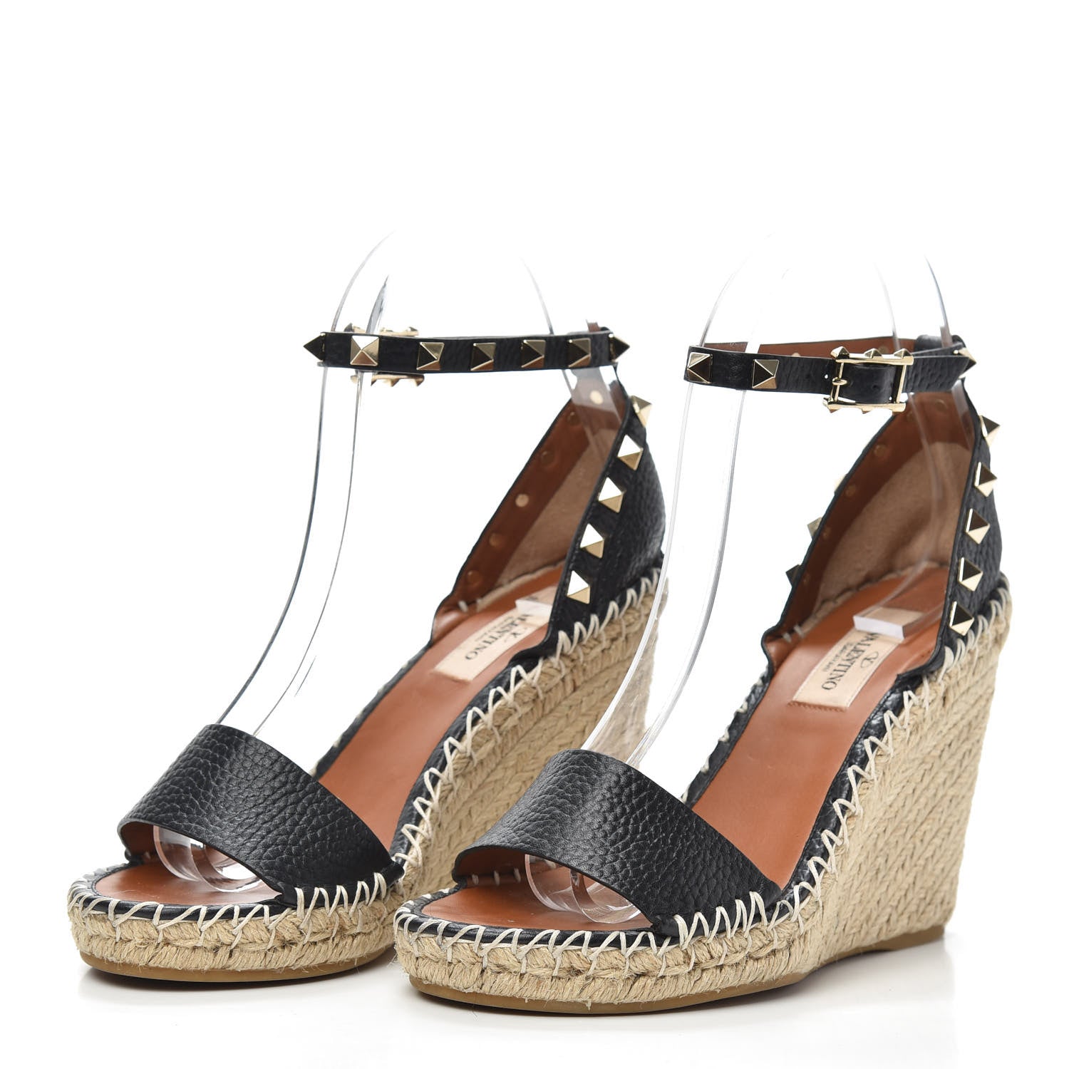 Valentino Garavani Grained Calfskin Rockstud Ankle Strap Espadrille 15/105mm Wedge Sandals 35 Black Light Cuir Natural 3 of 7