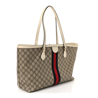 Gucci GG Supreme Monogram Textured Dollar Calfskin Web Medium Ophidia Shopping Tote Beige Ebony Mystic White 3 of 10