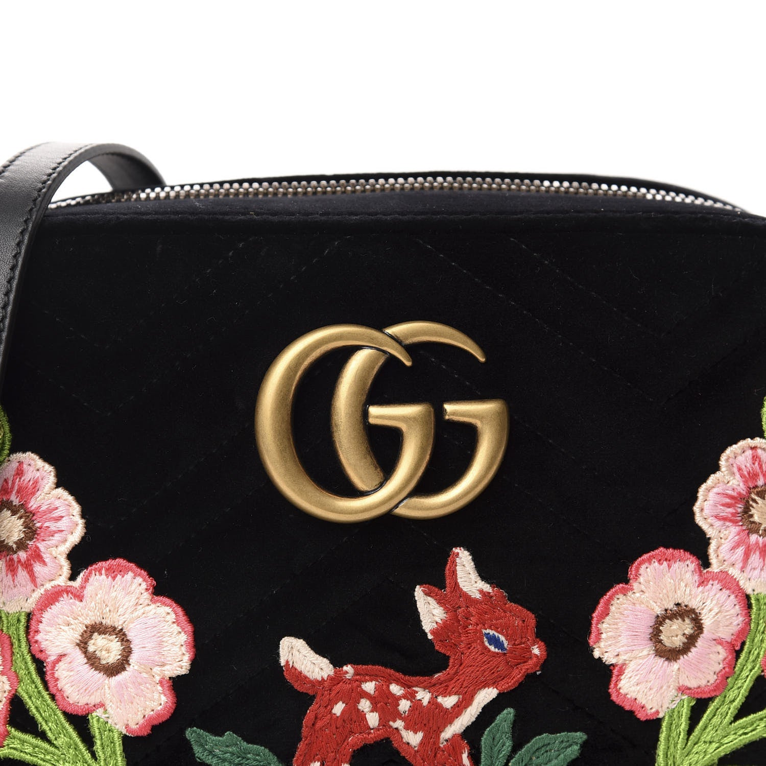 Gucci Velvet Matelasse Deer Embroidered Small GG Marmont Chain Shoulder Bag Black 10 of 10