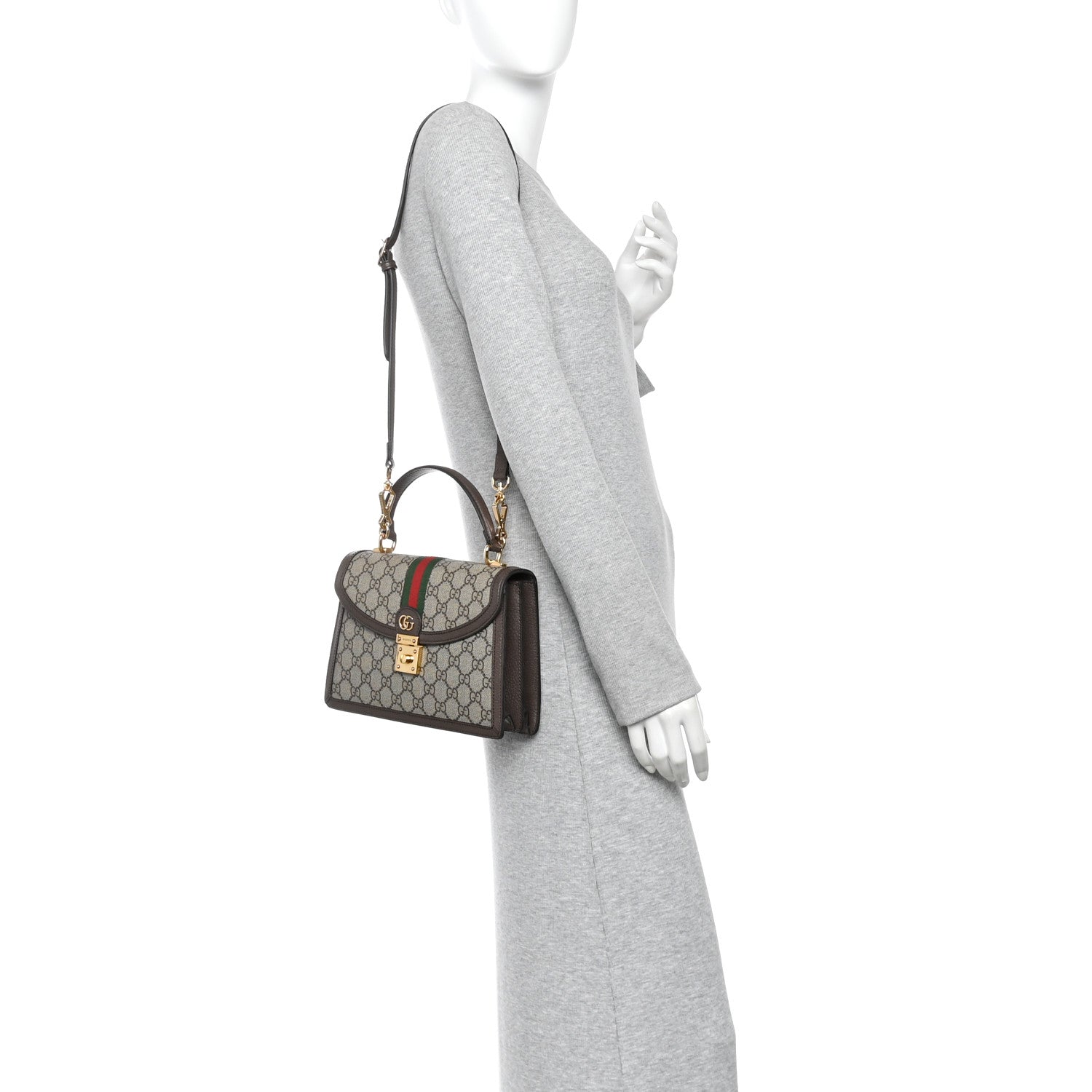 Gucci GG Supreme Monogram Textured Dollar Calfskin Web Small Ophidia Padlock Top Handle Bag Beige Ebony New Acero 2 of 11