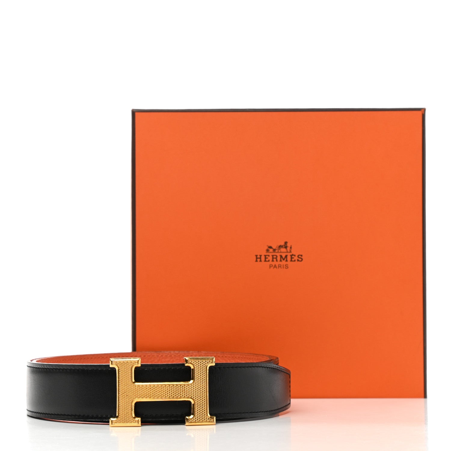 Hermes Box Togo 32mm Guilloche H Belt 90 Black Orange 7 of 7