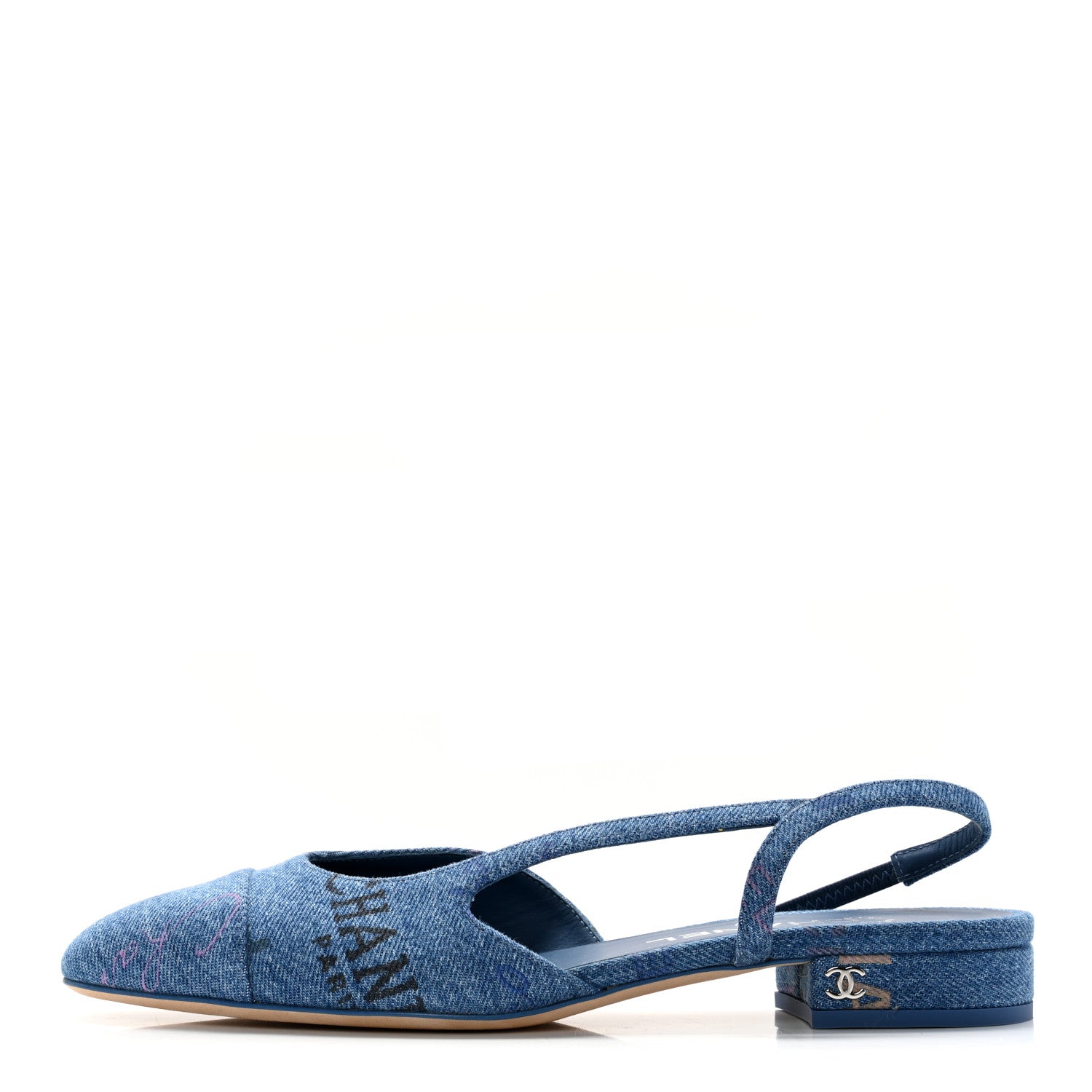 Chanel Denim Cap Toe CC Slingback Flats 37.5 Light Blue Multicolor 1 of 10