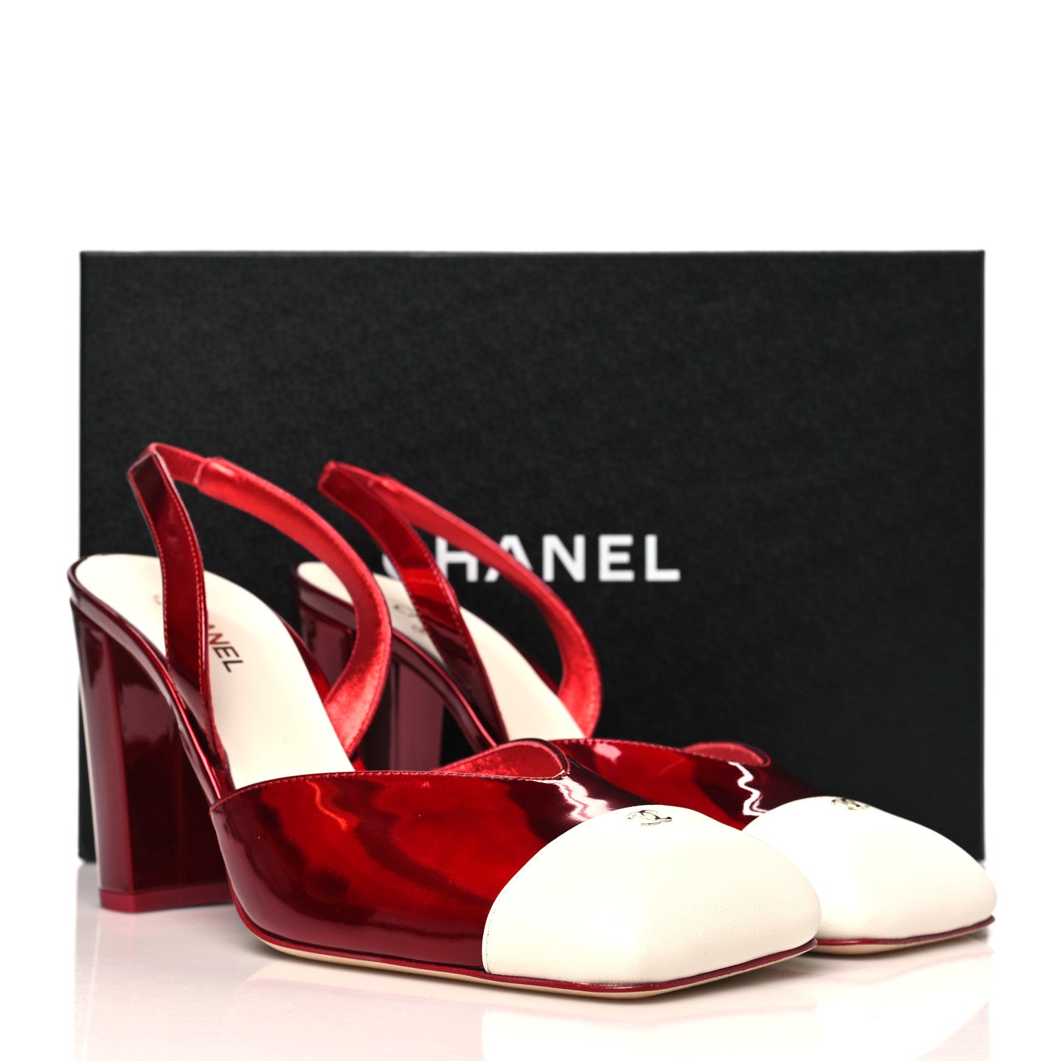 Chanel Lambskin Laminated Calfskin Cap Toe CC Slingback Pumps 40 Red Ivory 9 of 9