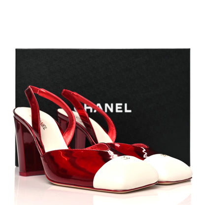 Chanel Lambskin Laminated Calfskin Cap Toe CC Slingback Pumps 40 Red Ivory 9 of 9