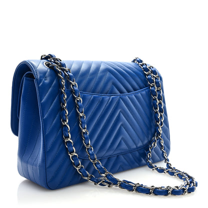 Chanel Caviar Chevron Quilted Jumbo Double Flap Blue 3 of 9