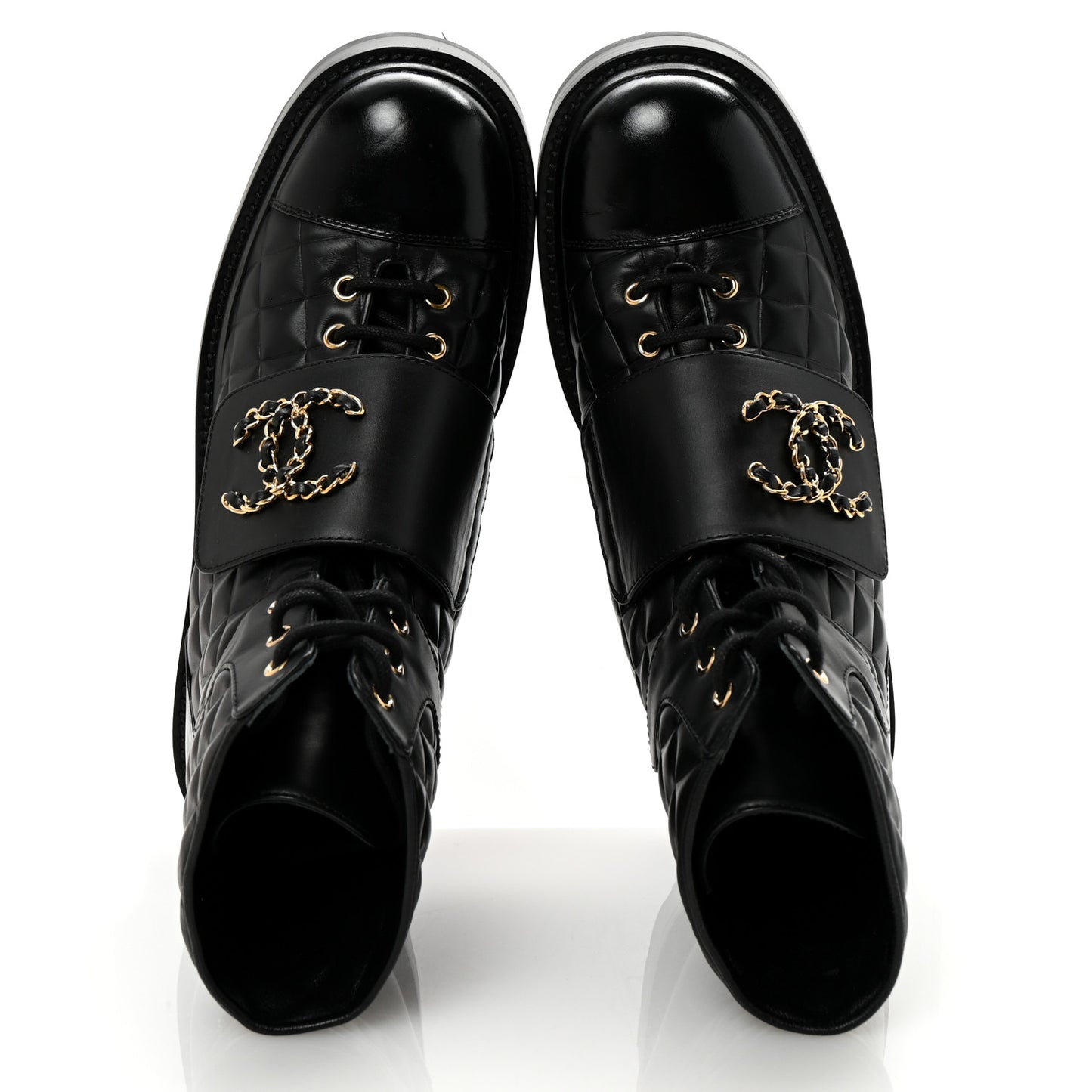 Shiny Calfskin Quilted Lace Up Combat Boots 40.5 Black