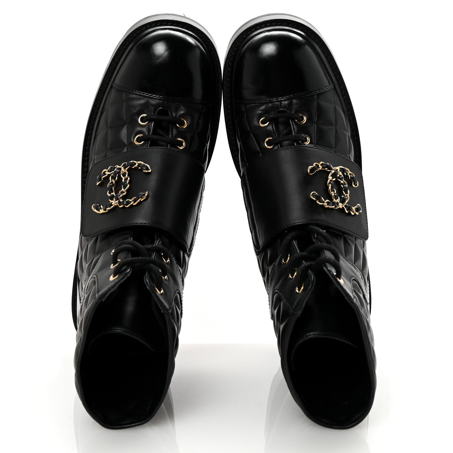Chanel Shiny Calfskin Quilted Lace Up Combat Boots 40.5 Black 2 of 10