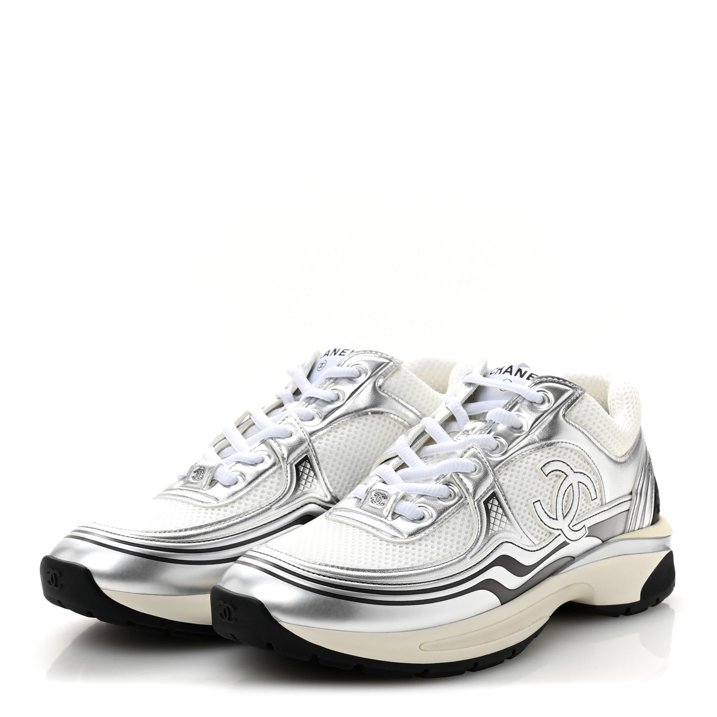 Fabric Laminated Calfskin Stretch CC Sneakers 39.5 White Silver