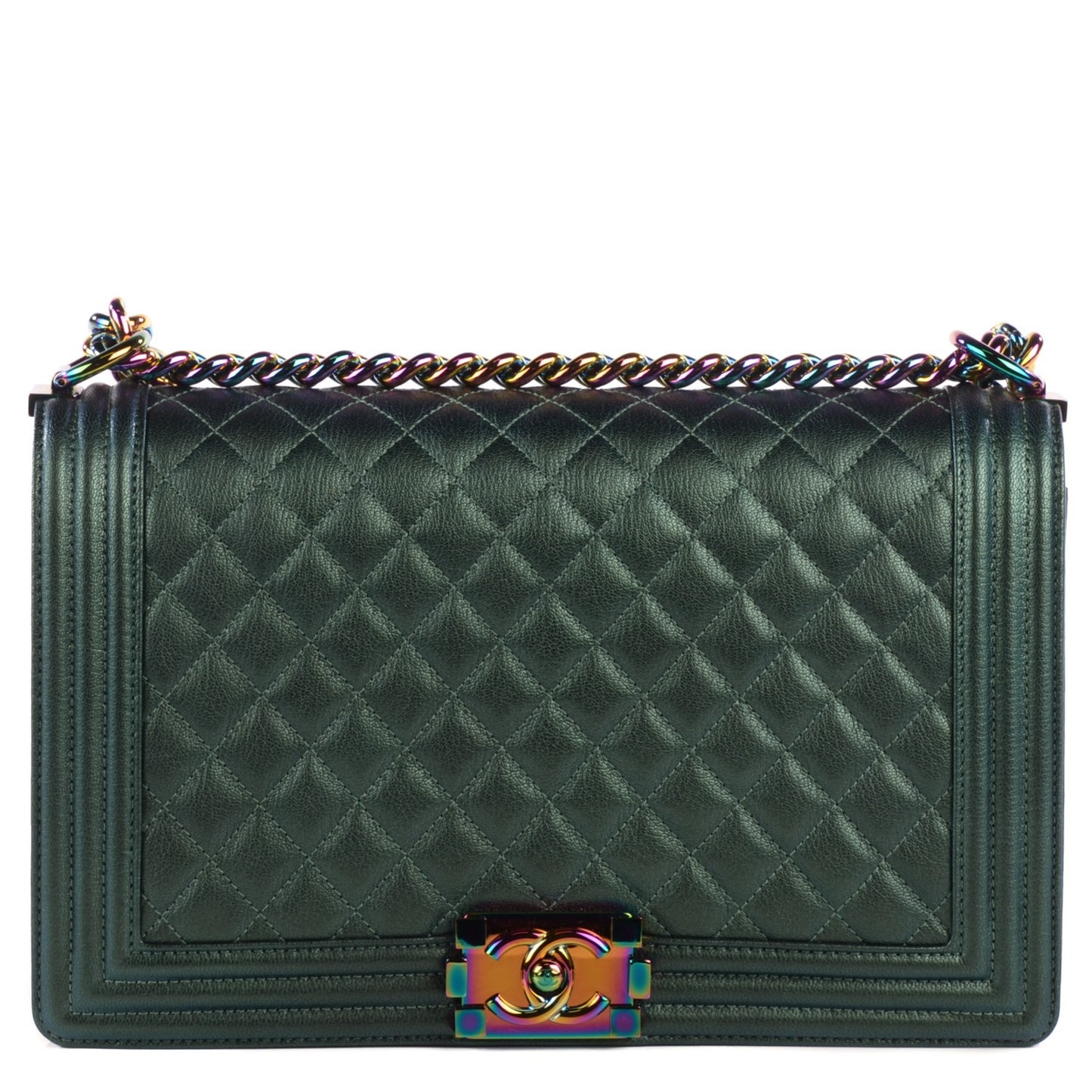 Iridescent Goatskin Quilted New Medium Boy Flap Green
